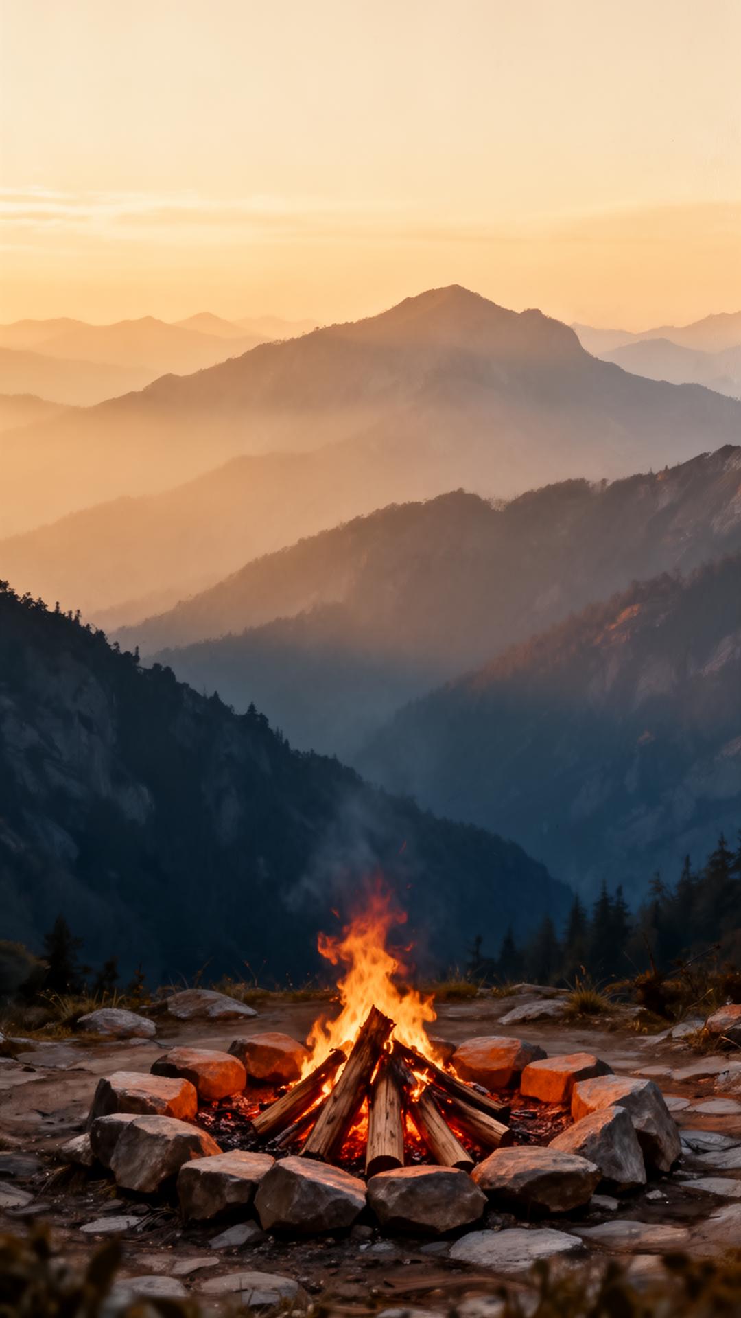 Tranquil mountain overlook at golden hour with a small wood campfire